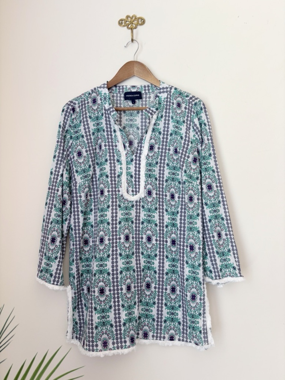 French Curve Green Floral Medallion Fringe Tunic Top Large Summer Resortwear